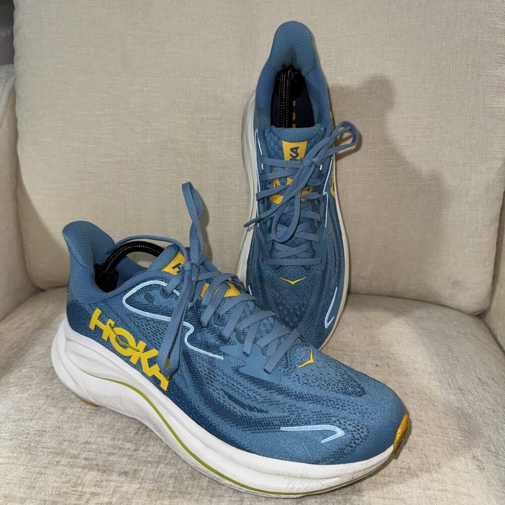 Men's Hoka One One Clifton 10 Blue White 1162030 Sz 10D Cooked Bottoms